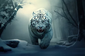 Schilderijen op glas Fierce white Tiger white tiger on snow © arhendrix