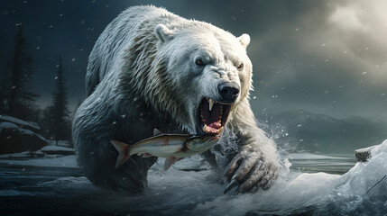 Fierce white bear standing and hunting fish on river with snow