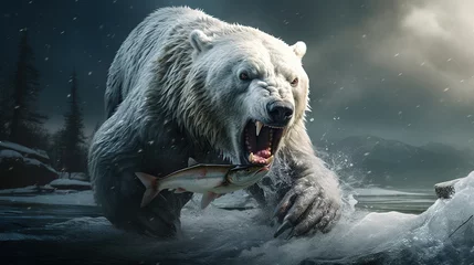 Foto op Canvas Fierce white bear standing and hunting fish on river with snow © arhendrix