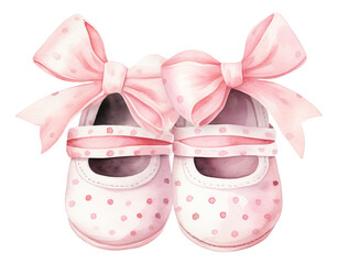 Watercolor pink baby shoes with a bow isolated.