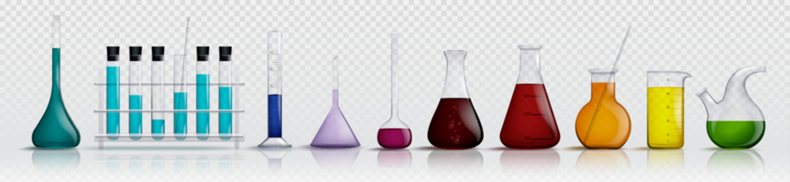 Glass laboratory chemical measuring flasks and test tubes with colorful liquids in realistic vector illustration set. Lab glassware and containers with chemicals. Scientific or medical equipment.