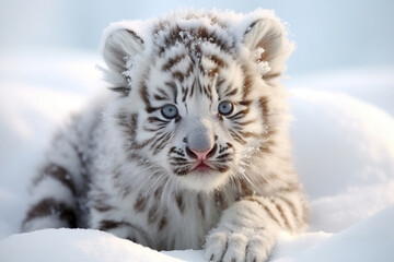 Cute baby white tiger on snow