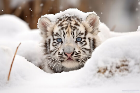 Cute baby white tiger on snow