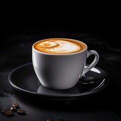 White Cup of coffee with white saucer on black studio theme background
