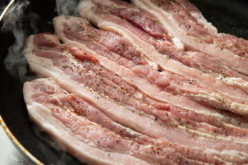 Raw pork belly in iron pan