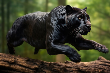 Naklejka na ściany i meble Animal Black panther jump and sprint for hunting