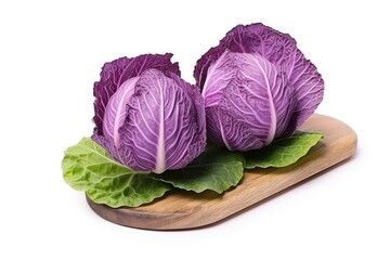 purple cabbage on wooden cutting board isolated on white background