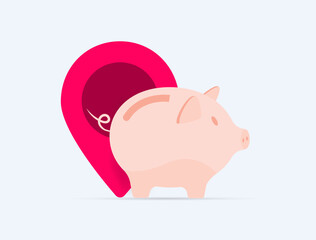 Piggy bank with map pointer concept. Vector isolated illustration on white background with icons