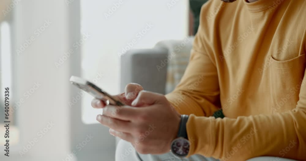 Aufkleber hands, phone texting and home with social media post, networking and online on a sofa. mobile app, c