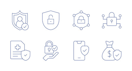 Security icons. Editable stroke. Containing private, shield, access, cyber security, health insurance, solution, security, money bag.