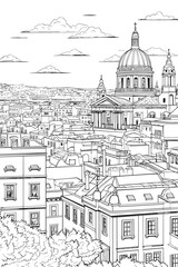 Portugal Lisbon cityscape black and white coloring page for adults. European city buildings, street, landmarks vector outline doodle sketch for anti stress color book