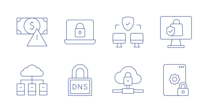 Security icons. Editable stroke. Containing money, laptop, secure, online shopping, server, domain name system, cloud storage, web maintenance.