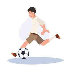 Young Thai Student Boy Kicking Ball After Classes. Young Thai Student Boy Playing Football After School