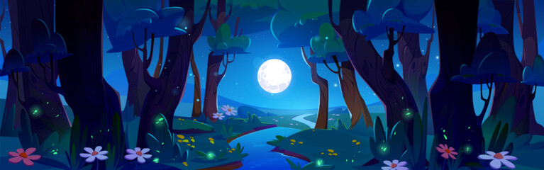 Night forest river with full moon and firefly cartoon nature landscape background. Stream water scenery in magic valley with glowworm environment at nighttime. Dark beautiful spring woods backdrop