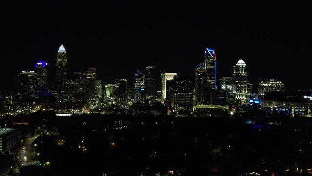 Aerial views from over downtown Charlotte North Carolina at night