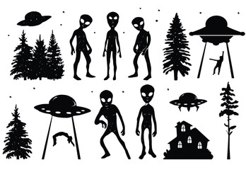 Silhouette of ufo vector. Silhouette of spaceship, christmas trees, aliens vector set © bleskk