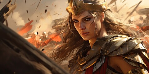 Obraz premium illustration of a female general in ancient battle dress, generative AI