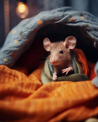 The white rat in bedroom in bed. The rat is sick, veterinary medicine, first aid to animals. Animal Shelter. Cute rat and mouse at home, taking care of pets. Depression. Generative AI