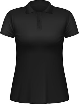 Black polo shirt for women, made of cotton or polyester fabric, featuring a collar, a buttoned placket, and short sleeves. Female garment for casual and sporty occasions. Realistic 3d vector mockup