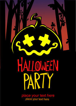 Illustration of Halloween party poster or invitation with cartoon scary jack-o-lantern curved pumpkin head on it.  Vector isolated
