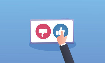 mobile app ratings human hand holding.on blue background.Vector Design Illustration.