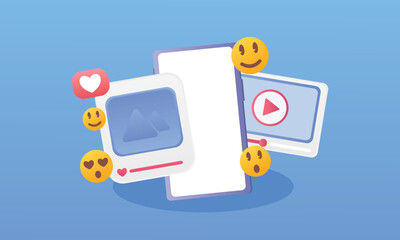 The increase in popularity of social media. social media mockup.on blue background.Vector Design Illustration.