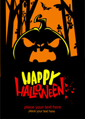 Illustration of Halloween party poster or invitation with cartoon scary jack-o-lantern curved pumpkin head on it.  Vector isolated