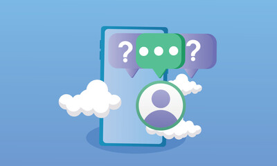 Smartphone with an administrator icon displays a question and answer. The concept of social media page moderation.on blue background.Vector Design Illustration.