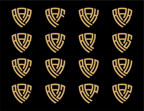 RAA, RAB, RAC, RAG, RAH, RAJ, RAK, RAL, RAO, RAP, RAR, RAS, RAU, RAZ creative letter shield logo design vector icon illustration
