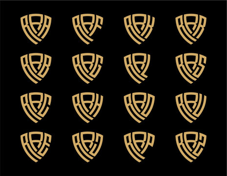 RRA, RRB, RRC, RRE, RRF, RRG, RRH, RRJ, RRK, RRL, RRO, RRP, RRR, RRS, RRU, RRZ creative letter shield logo design vector icon illustration