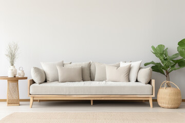 Modern sofa in a living room. Interior design minimalistic composition.