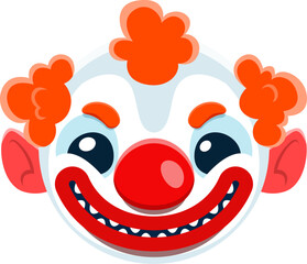 Cartoon Halloween sinister clown emoji character with an angry expression, fiery eyes, creepy grin, and exaggerated features. Spine-chilling spooky emoticon for holiday messages and festivities
