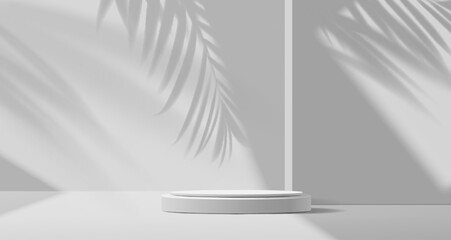 Grey podium with palm leaves shadow background. Cosmetics product presentation clean stand, fashion showcase space realistic vector cover or background with palm plant leaf and sunlight shadows