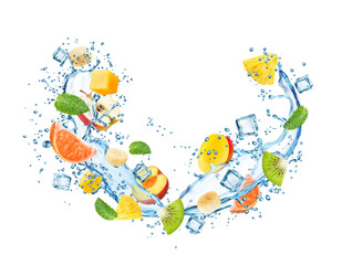 Liquid water wave splash with fruits and mint leaves with realistic ice cubes in drink, isolated vector. Tropical fruits soda juice or lemonade with pineapple, mango or peach, kiwi or orange in splash