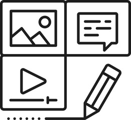 Content edit, CMS content management system icon, digital media online editor tools, vector line symbol. CMS digital media content network pictogram of photo, video and publication content edition
