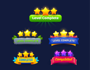 Game level complete or level up badge icons with shining stars, green leaves, stone plate and colorful ribbons or banners. Ui or gui popup screen assets, button for mobile app or game menu interface © Vector Tradition