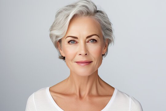 Grey haired middle aged woman. Women's health care concept. Luxurious middle-aged woman with a short gray hair looking at camera.