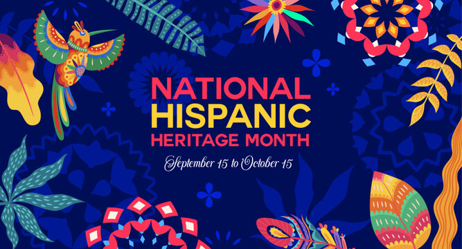 National Hispanic heritage month festival poster with tropical flowers, vector background. Hispanic Americans holiday of culture, tradition and art heritage in floral ornament with flowers and birds