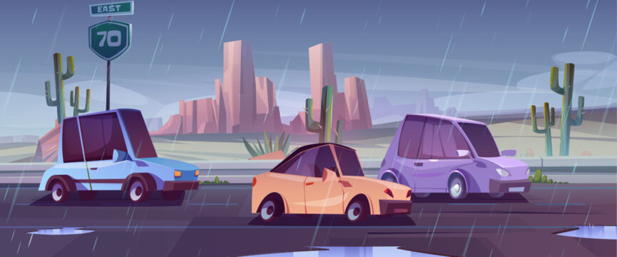 Cars driving in rain on highway in desert among rocky mountains and cactus. Cartoon vector illustration of automobiles travel on country road in bad rainy weather on asphalt path with puddles.