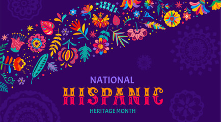 Fototapeta Festival banner of national Hispanic heritage month with tropical flowers and plants, vector background. Hispanic Americans culture, tradition and art heritage in ethnic floral ornament with flowers obraz