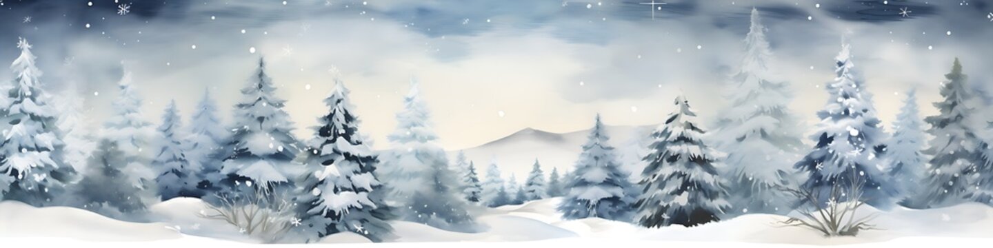 Snowy fir tree in winter landscape, panorama, watercolor illustration