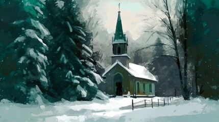 Fototapeta na wymiar church in winter, snowy landscape, beautiful oil painting, illustration for christmas cards, poster, wallpaper, background banner