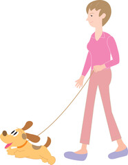 犬を連れて散歩をする女性
