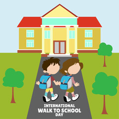 Obraz na płótnie Canvas international walk to school day, illustration of two children walking towards the school building.