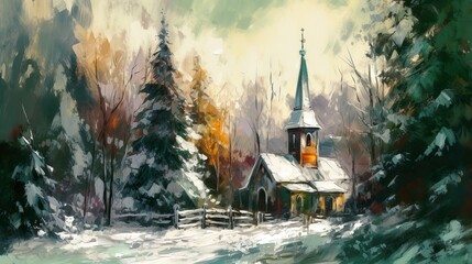 church in winter, snowy landscape, beautiful oil painting, illustration for christmas cards, poster, wallpaper, background banner