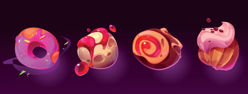 Set of candy and pastry planets isolated on background. Vector cartoon illustration of sweet donut, ice cream, chocolate, pastry balls decorated with jam and color icing. Fantasy world desing elements
