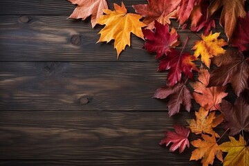 Scattering autumn leaves on wood table composition background, images generated by ai