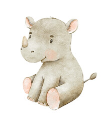 Cute sitting rhinoceros. Drawing african baby wild rhino isolated on white background. Watercolor illustration for kids poster and card. © Elena