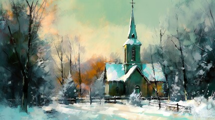 church in winter, snowy landscape, beautiful oil painting, illustration for christmas cards, poster, wallpaper, background banner - obrazy, fototapety, plakaty