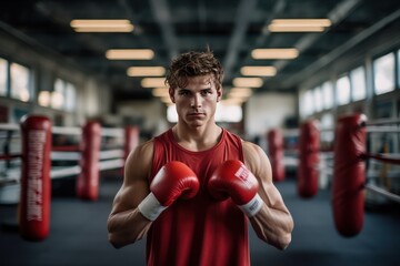 Portrait of a young boxer in the gym. He looking at camera after a workout. Boxing is a sport for those who are able to show a real masculine character